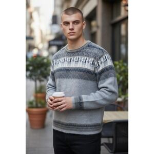 Aly Marka Alpaca Wool Nordic Fair Isle Sweater Gray Icelandic Style Men's L